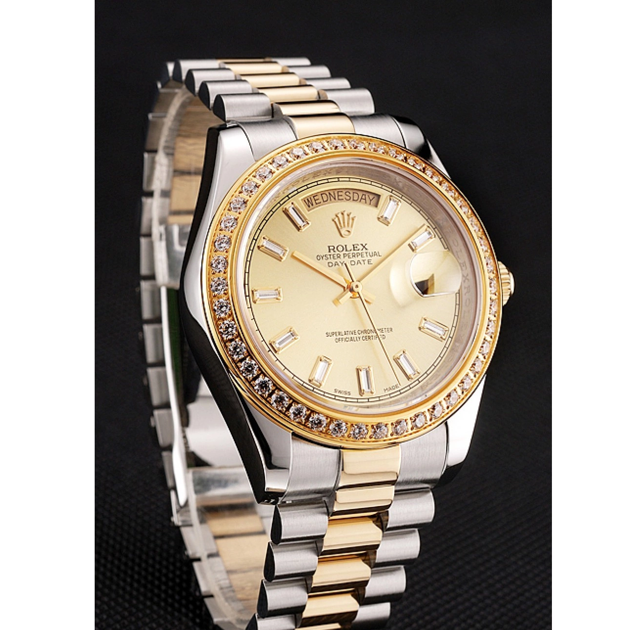 AAA replica watch Swiss Bezel Day-Date Tone Rolex 1454103 Dial Bracelet Two Diamond Champagne 0707